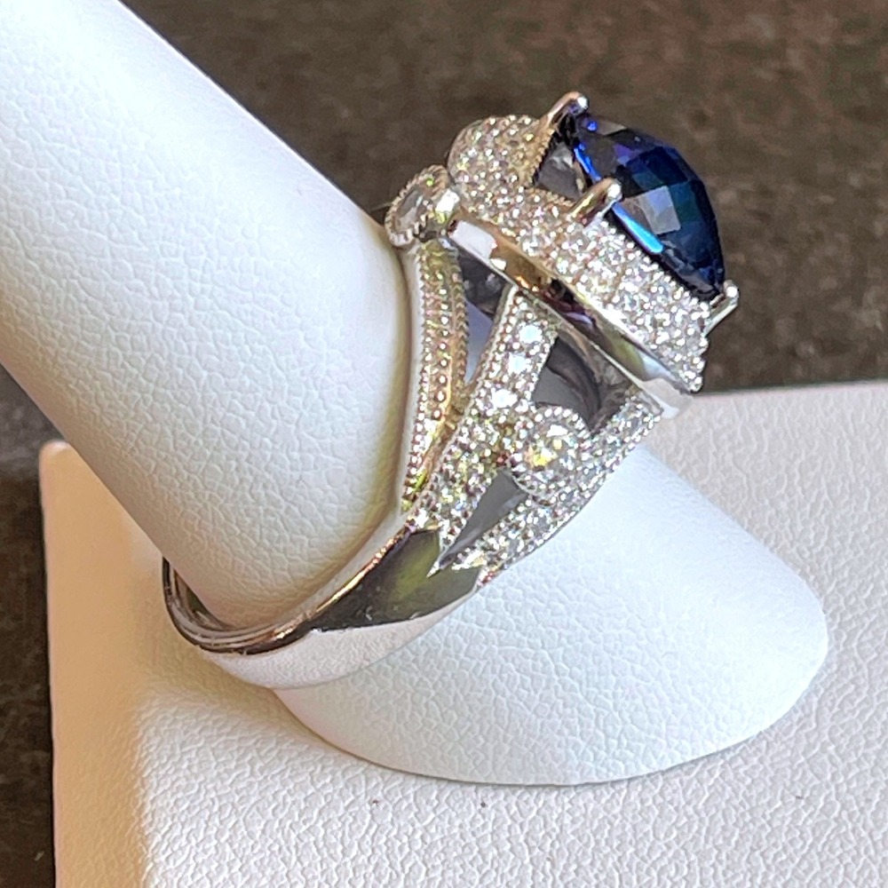 Sterling Silver Cushion-Cut Blue Simulated Sapphire &CZ Halo Statement Ring SZ10 - Picture 4 of 10